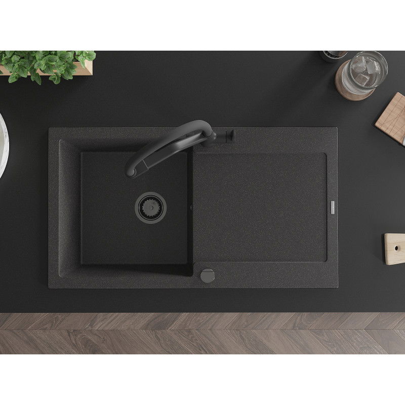 Mexen Leo zlewozmywak granitowy 1-komorowy z ociekaczem i baterią kuchenną Duo, czarny nakrapiany - 6501-76-671701-70-B