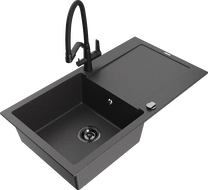 Mexen Leo zlewozmywak granitowy 1-komorowy z ociekaczem i baterią kuchenną Duo, czarny nakrapiany - 6501-76-671701-70-B