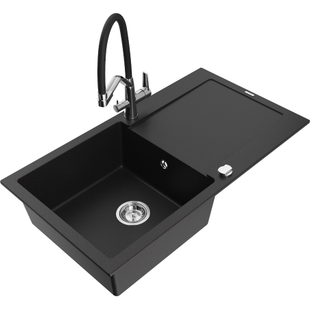 Mexen Leo zlewozmywak granitowy 1-komorowy z ociekaczem i baterią kuchenną Duo, czarny - 6501-77-671701-07