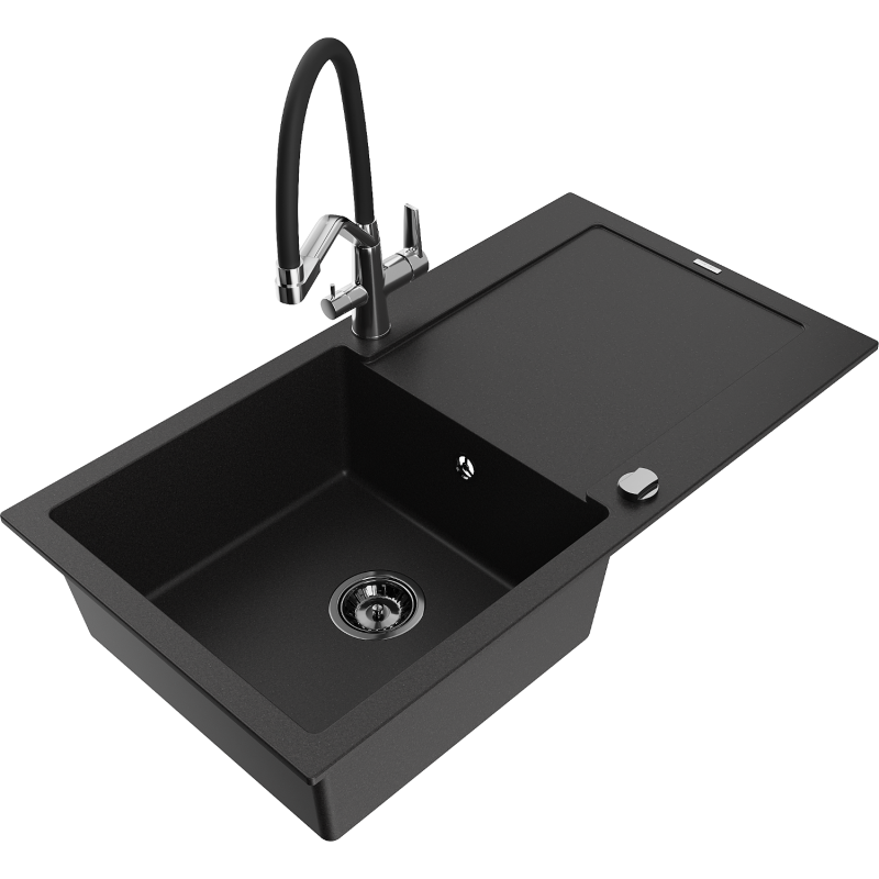 Mexen Leo zlewozmywak granitowy 1-komorowy z ociekaczem i baterią kuchenną Duo, czarny - 6501-77-671701-07-B