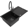Mexen Leo zlewozmywak granitowy 1-komorowy z ociekaczem i baterią kuchenną Duo, czarny - 6501-77-671701-07-B