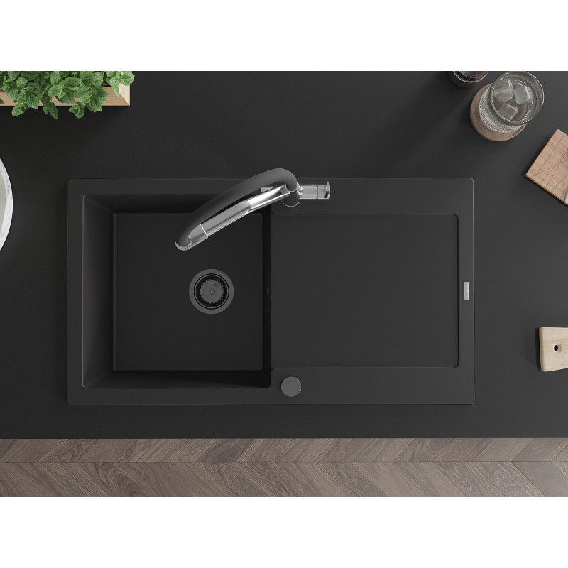 Mexen Leo zlewozmywak granitowy 1-komorowy z ociekaczem i baterią kuchenną Duo, czarny - 6501-77-671701-07-B