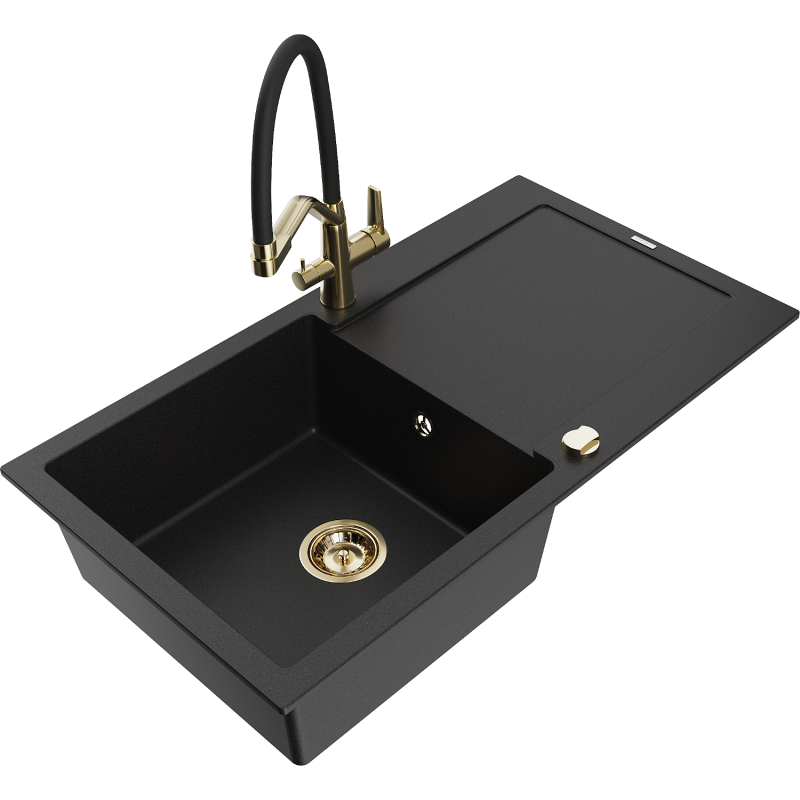 Mexen Leo zlewozmywak granitowy 1-komorowy z ociekaczem i baterią kuchenną Duo, czarny - 6501-77-671701-57-G