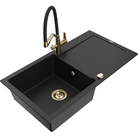 Mexen Leo zlewozmywak granitowy 1-komorowy z ociekaczem i baterią kuchenną Duo, czarny - 6501-77-671701-57-G