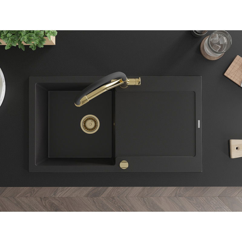 Mexen Leo zlewozmywak granitowy 1-komorowy z ociekaczem i baterią kuchenną Duo, czarny - 6501-77-671701-57-G