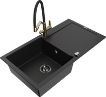 Mexen Leo zlewozmywak granitowy 1-komorowy z ociekaczem i baterią kuchenną Duo, czarny - 6501-77-671701-57-B