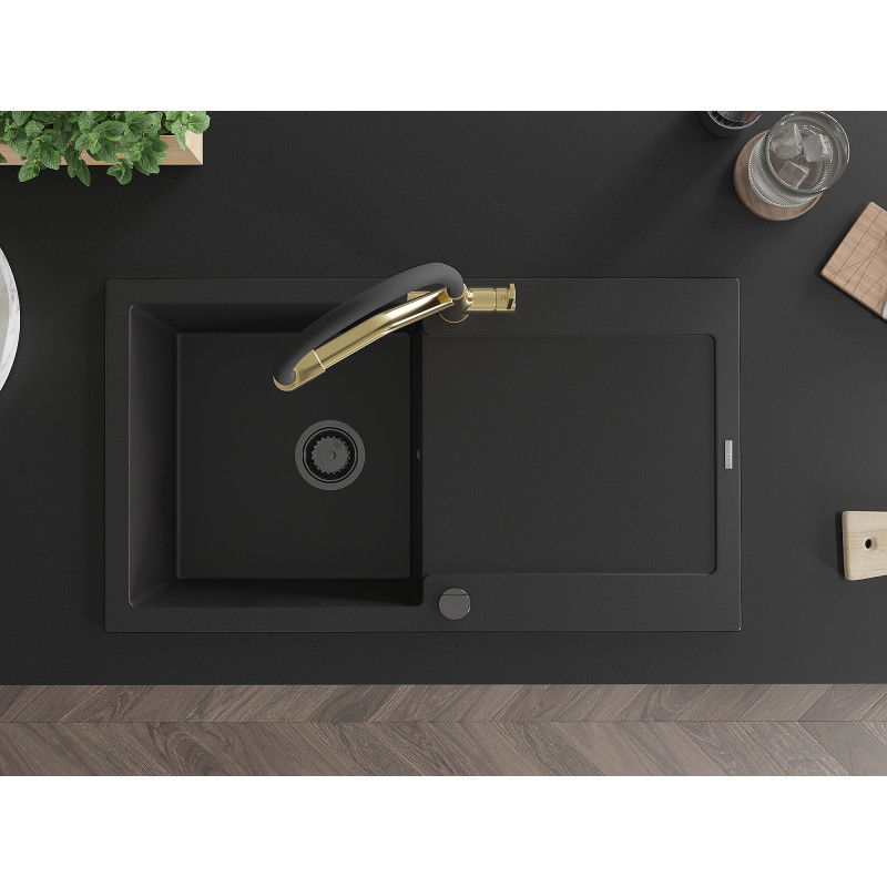 Mexen Leo zlewozmywak granitowy 1-komorowy z ociekaczem i baterią kuchenną Duo, czarny - 6501-77-671701-57-B