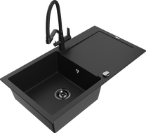 Mexen Leo zlewozmywak granitowy 1-komorowy z ociekaczem i baterią kuchenną Duo, czarny - 6501-77-671701-70-B