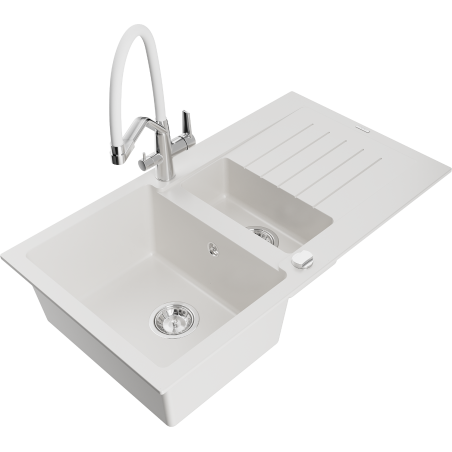 Mexen Matias zlewozmywak granitowy 1,5-komorowy z ociekaczem i baterią kuchenną Duo, biały - 6502-20-671701-02