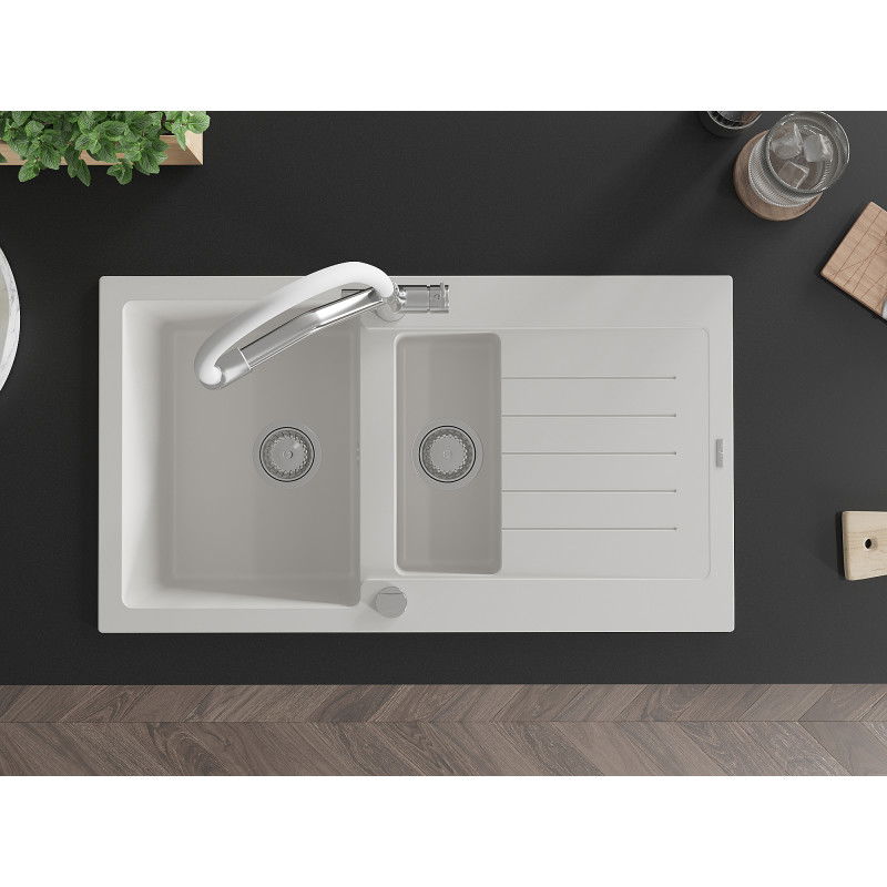 Mexen Matias zlewozmywak granitowy 1,5-komorowy z ociekaczem i baterią kuchenną Duo, biały - 6502-20-671701-02
