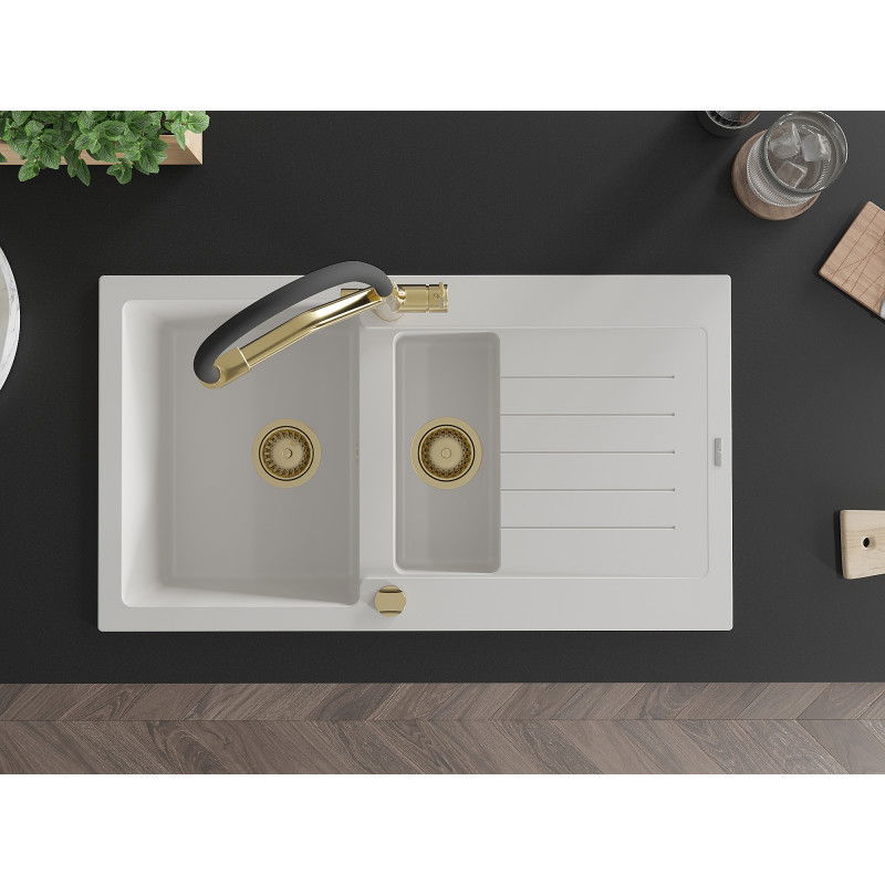 Mexen Matias zlewozmywak granitowy 1,5-komorowy z ociekaczem i baterią kuchenną Duo, biały - 6502-20-671701-57-G