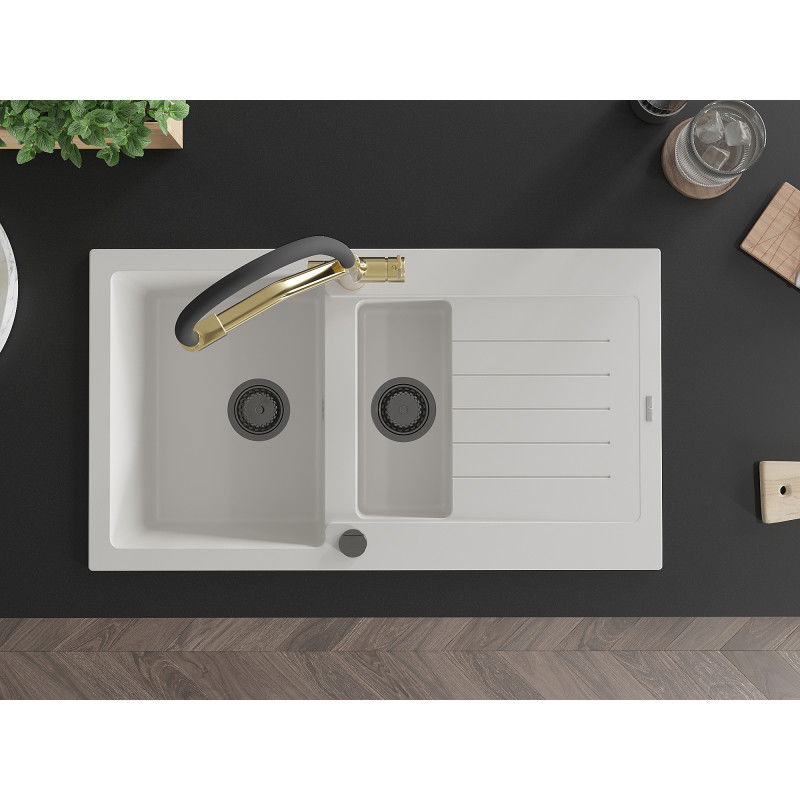 Mexen Matias zlewozmywak granitowy 1,5-komorowy z ociekaczem i baterią kuchenną Duo, biały - 6502-20-671701-57-B