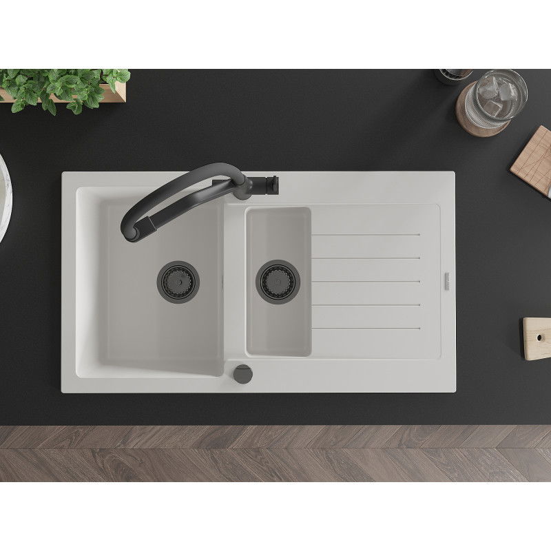 Mexen Matias zlewozmywak granitowy 1,5-komorowy z ociekaczem i baterią kuchenną Duo, biały - 6502-20-671701-70-B