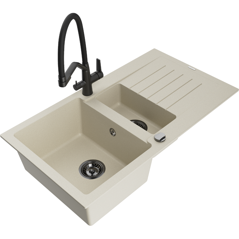 Mexen Matias zlewozmywak granitowy 1,5-komorowy z ociekaczem i baterią kuchenną Duo, beżowy - 6502-69-671701-70-B