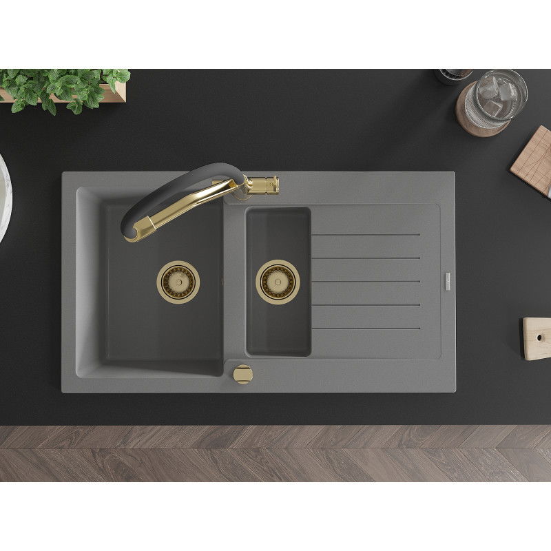 Mexen Matias zlewozmywak granitowy 1,5-komorowy z ociekaczem i baterią kuchenną Duo, szary - 6502-71-671701-57-G