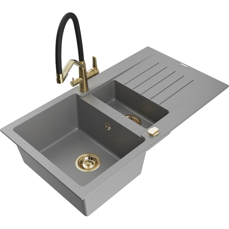 Mexen Matias zlewozmywak granitowy 1,5-komorowy z ociekaczem i baterią kuchenną Duo, szary - 6502-71-671701-57-G