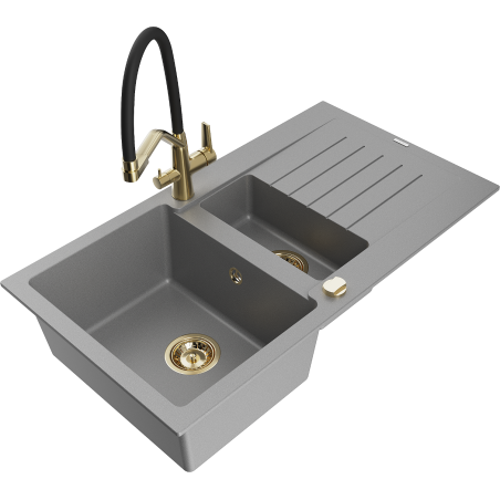 Mexen Matias zlewozmywak granitowy 1,5-komorowy z ociekaczem i baterią kuchenną Duo, szary - 6502-71-671701-57-G