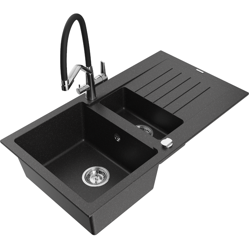 Mexen Matias zlewozmywak granitowy 1,5-komorowy z ociekaczem i baterią kuchenną Duo, czarny/srebrny metalik - 6502-73-671701-07