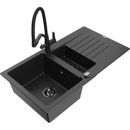 Mexen Matias zlewozmywak granitowy 1,5-komorowy z ociekaczem i baterią kuchenną Duo, czarny/srebrny - 6502-73-671701-70-B