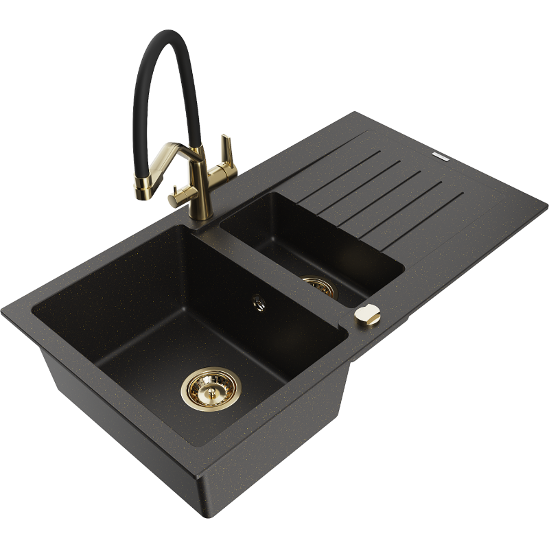 Mexen Matias zlewozmywak granitowy 1,5-komorowy z ociekaczem i baterią kuchenną Duo, czarny/złoty metalik - 6502-75-671701-57-G