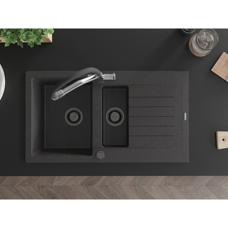 Mexen Matias zlewozmywak granitowy 1,5-komorowy z ociekaczem i baterią kuchenną Duo, czarny nakrapiany - 6502-76-671701-07-B