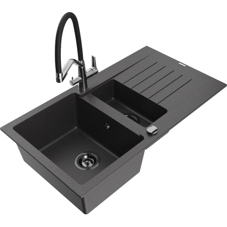 Mexen Matias zlewozmywak granitowy 1,5-komorowy z ociekaczem i baterią kuchenną Duo, czarny nakrapiany - 6502-76-671701-07-B