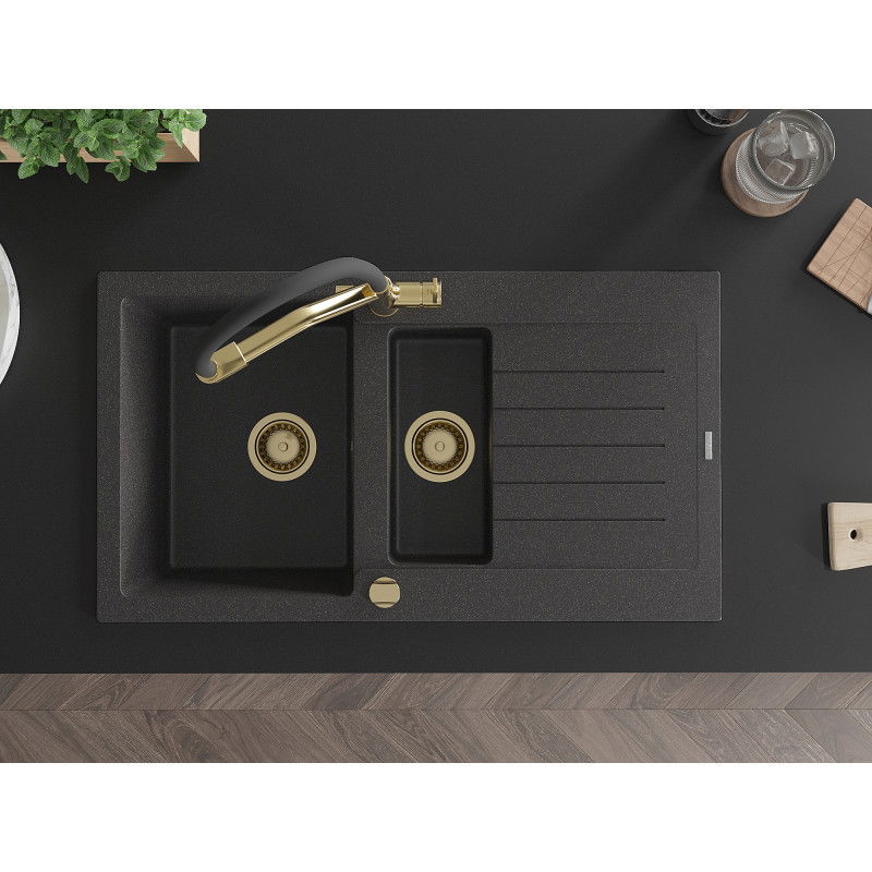 Mexen Matias zlewozmywak granitowy 1,5-komorowy z ociekaczem i baterią kuchenną Duo, czarny nakrapiany - 6502-76-671701-57-G