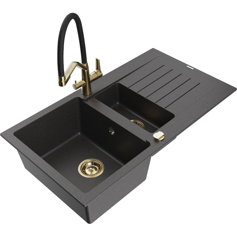Mexen Matias zlewozmywak granitowy 1,5-komorowy z ociekaczem i baterią kuchenną Duo, czarny nakrapiany - 6502-76-671701-57-G