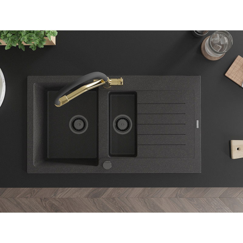 Mexen Matias zlewozmywak granitowy 1,5-komorowy z ociekaczem i baterią kuchenną Duo, czarny nakrapiany - 6502-76-671701-57-B