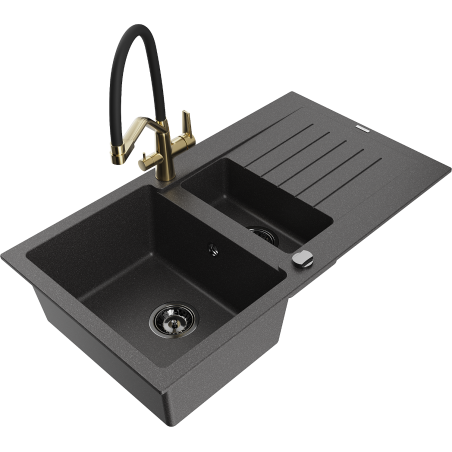 Mexen Matias zlewozmywak granitowy 1,5-komorowy z ociekaczem i baterią kuchenną Duo, czarny nakrapiany - 6502-76-671701-57-B