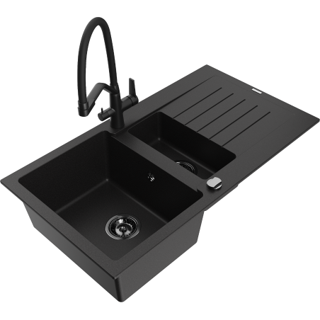 Mexen Matias zlewozmywak granitowy 1,5-komorowy z ociekaczem i baterią kuchenną Duo, czarny - 6502-77-671701-70-B