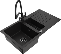 Mexen Matias zlewozmywak granitowy 1,5-komorowy z ociekaczem i baterią kuchenną Duo, czarny - 6502-77-671701-70-B