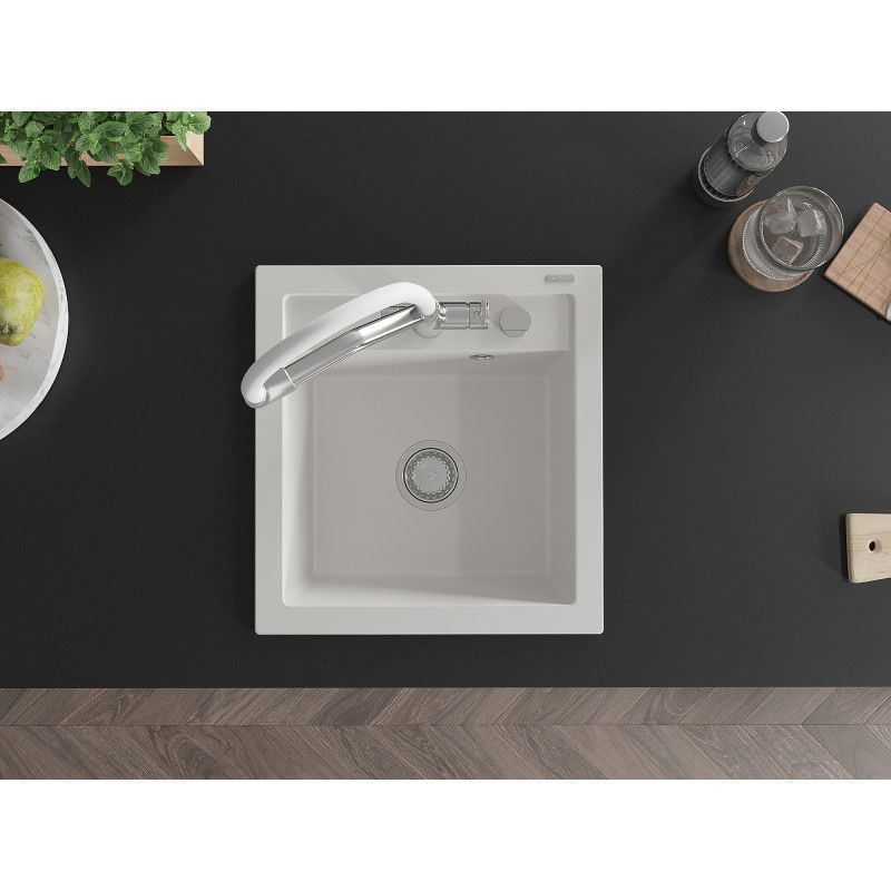 Mexen Vito zlewozmywak granitowy 1-komorowy z baterią kuchenną Duo, biały - 6503-20-671701-02