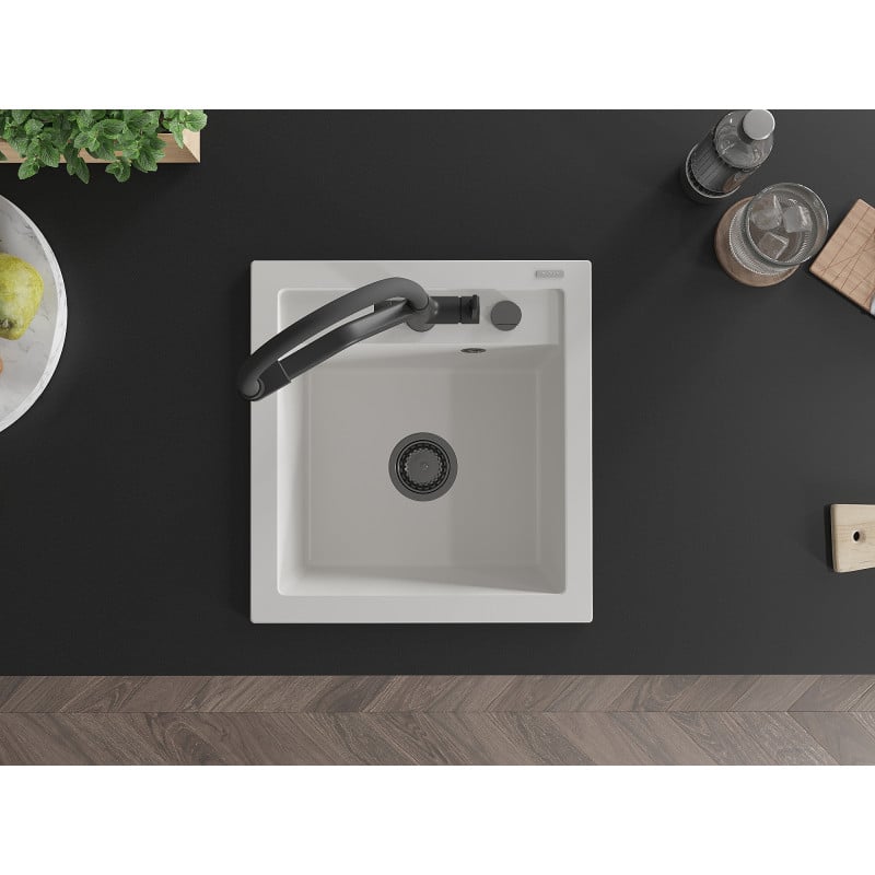 Mexen Vito zlewozmywak granitowy 1-komorowy z baterią kuchenną Duo, biały - 6503-20-671701-70-B