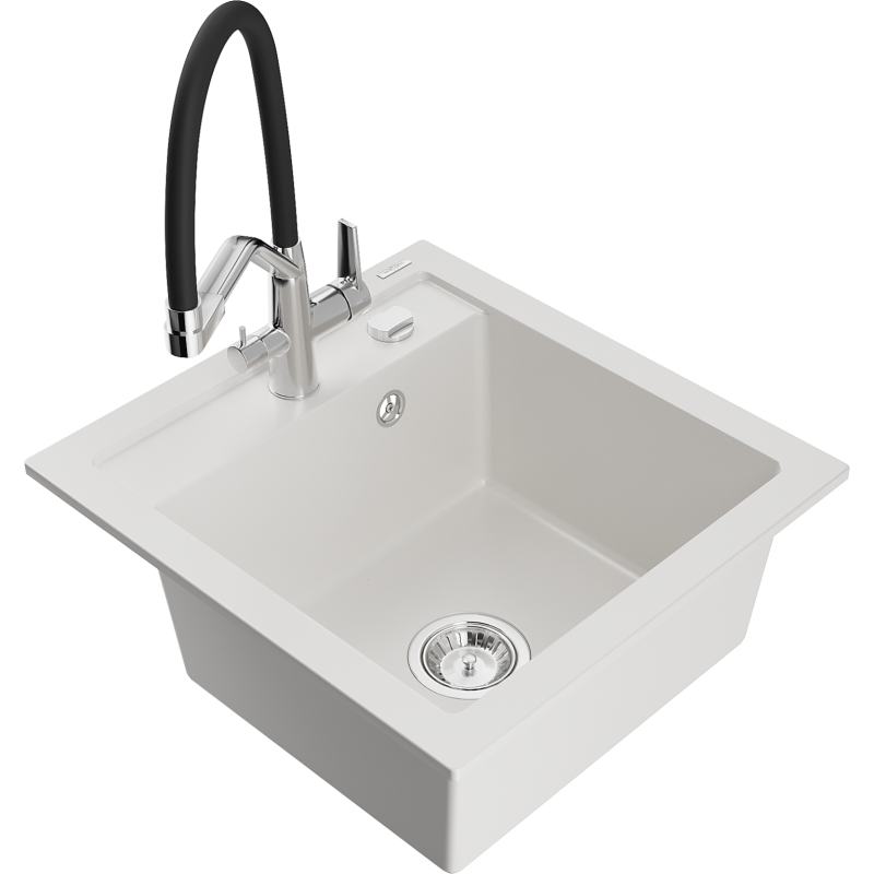 Mexen Vito zlewozmywak granitowy 1-komorowy z baterią kuchenną Duo, biały - 6503-20-671701-07