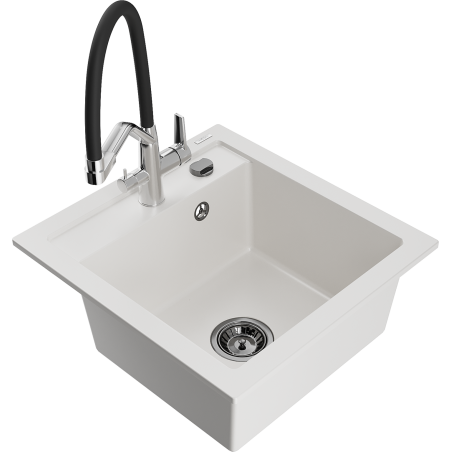 Mexen Vito zlewozmywak granitowy 1-komorowy z baterią kuchenną Duo, biały - 6503-20-671701-07-B