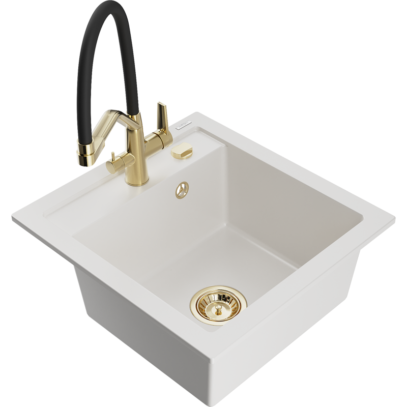 Mexen Vito zlewozmywak granitowy 1-komorowy z baterią kuchenną Duo, biały - 6503-20-671701-57-G