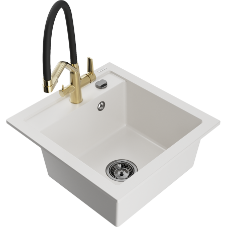 Mexen Vito zlewozmywak granitowy 1-komorowy z baterią kuchenną Duo, biały - 6503-20-671701-57-B