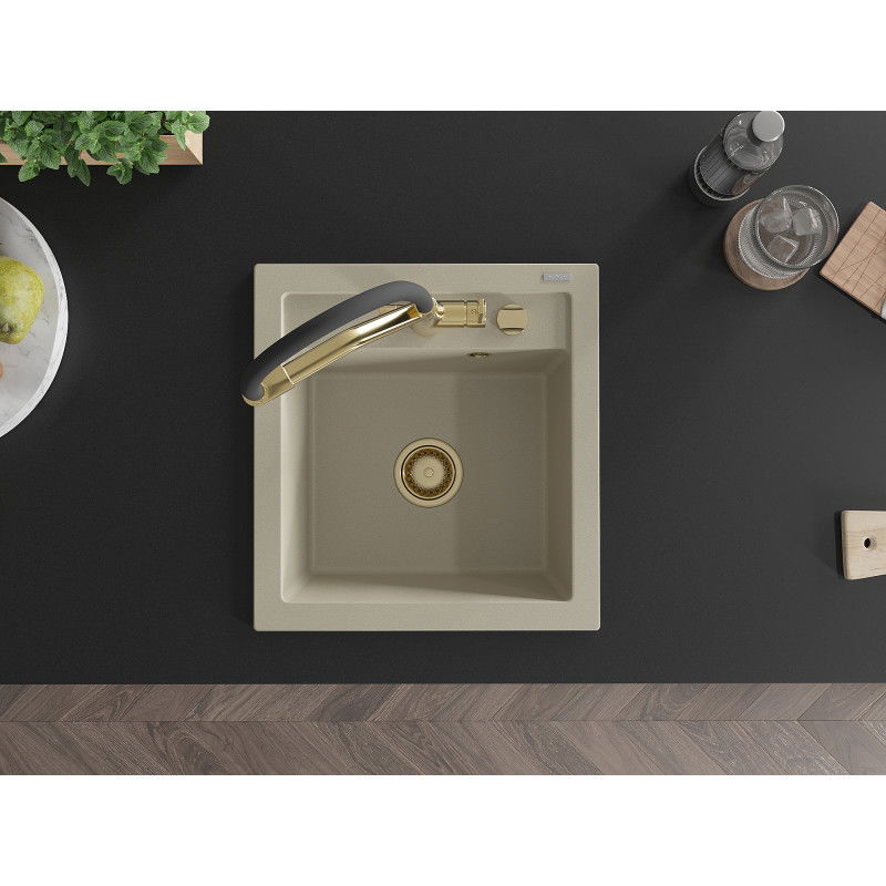Mexen Vito zlewozmywak granitowy 1-komorowy z baterią kuchenną Duo, beżowy - 6503-69-671701-57-G