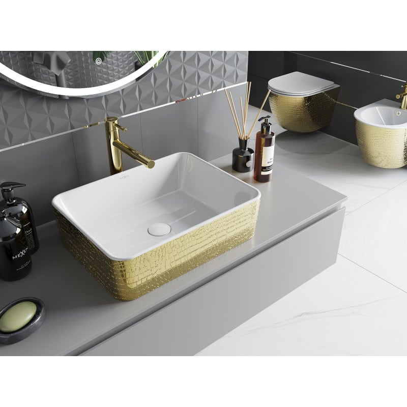 Mexen Catia umywalka nablatowa 48 x 38 cm, biała/złota wzór łuski - 21314808
