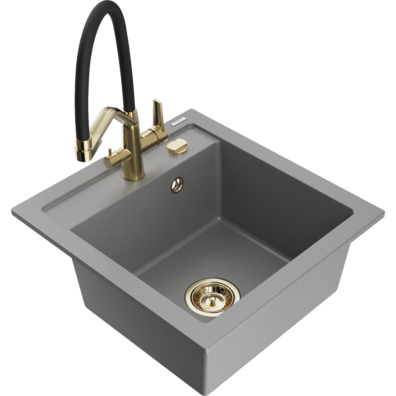Mexen Vito zlewozmywak granitowy 1-komorowy z baterią kuchenną Duo, szary - 6503-71-671701-57-G