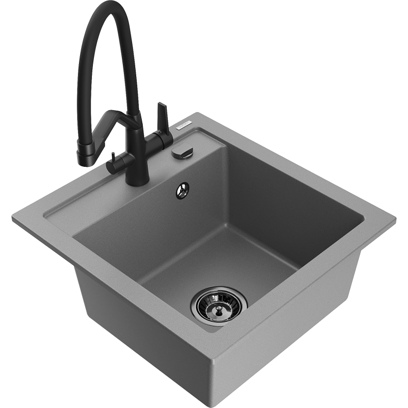 Mexen Vito zlewozmywak granitowy 1-komorowy z baterią kuchenną Duo, szary - 6503-71-671701-70-B