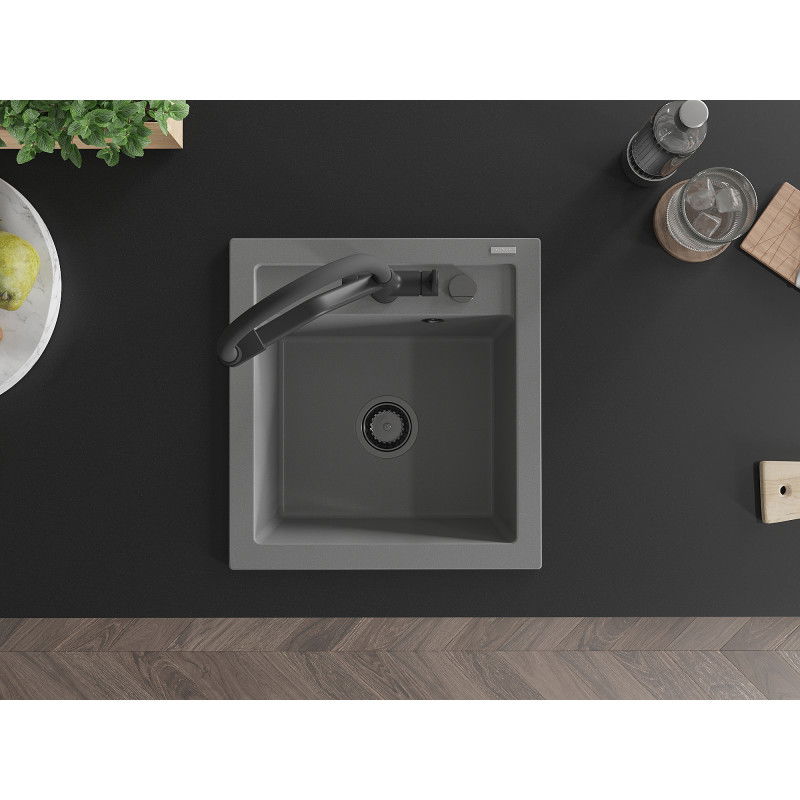 Mexen Vito zlewozmywak granitowy 1-komorowy z baterią kuchenną Duo, szary - 6503-71-671701-70-B