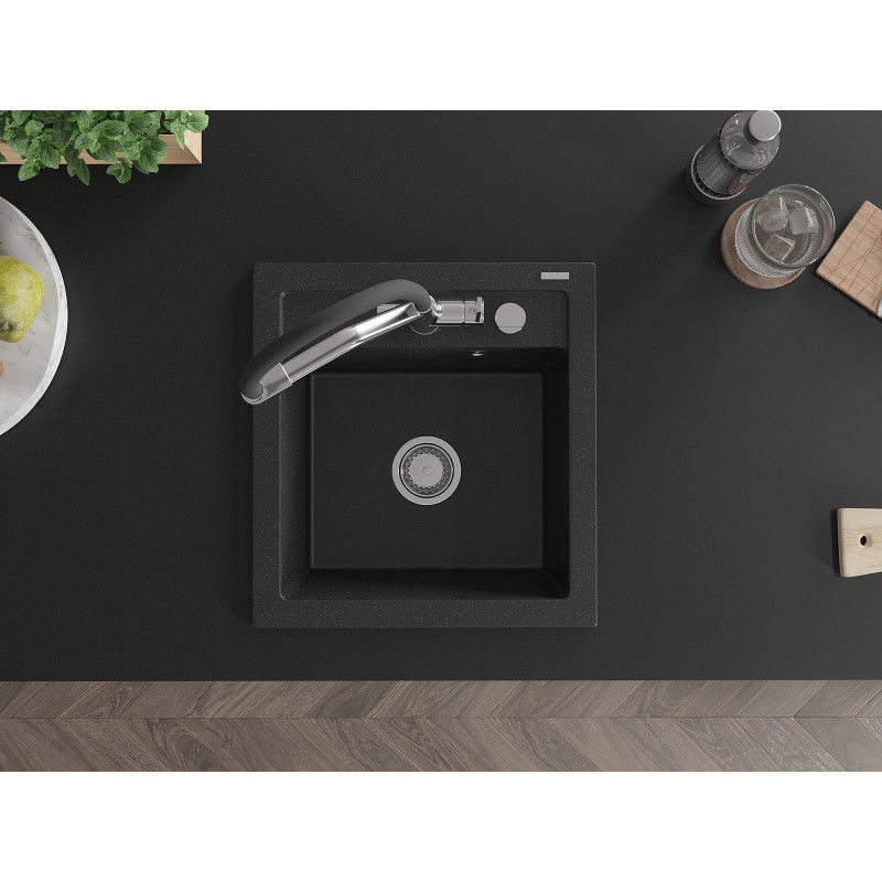 Mexen Vito zlewozmywak granitowy 1-komorowy z baterią kuchenną Duo, czarny/srebrny metalik - 6503-73-671701-07