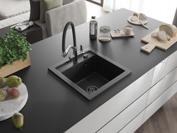 Mexen Vito zlewozmywak granitowy 1-komorowy z baterią kuchenną Duo, czarny/srebrny metalik - 6503-73-671701-07-B