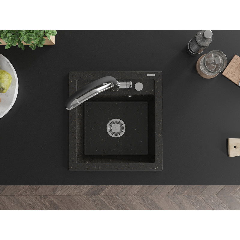 Mexen Vito zlewozmywak granitowy 1-komorowy z baterią kuchenną Duo, czarny/złoty metalik - 6503-75-671701-07