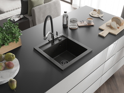 Mexen Vito zlewozmywak granitowy 1-komorowy z baterią kuchenną Duo, czarny/złoty metalik - 6503-75-671701-07-B