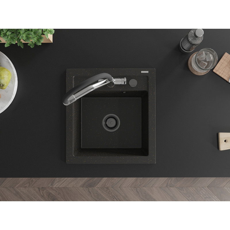 Mexen Vito zlewozmywak granitowy 1-komorowy z baterią kuchenną Duo, czarny/złoty metalik - 6503-75-671701-07-B