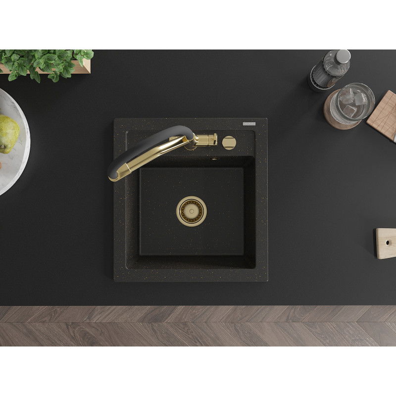 Mexen Vito zlewozmywak granitowy 1-komorowy z baterią kuchenną Duo, czarny/złoty metalik - 6503-75-671701-57-G