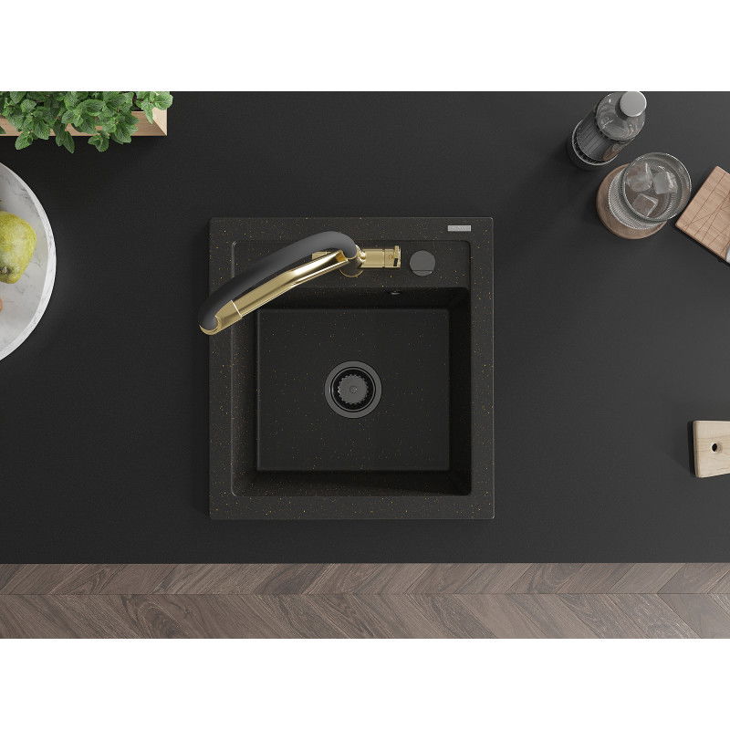 Mexen Vito zlewozmywak granitowy 1-komorowy z baterią kuchenną Duo, czarny/złoty metalik - 6503-75-671701-57-B